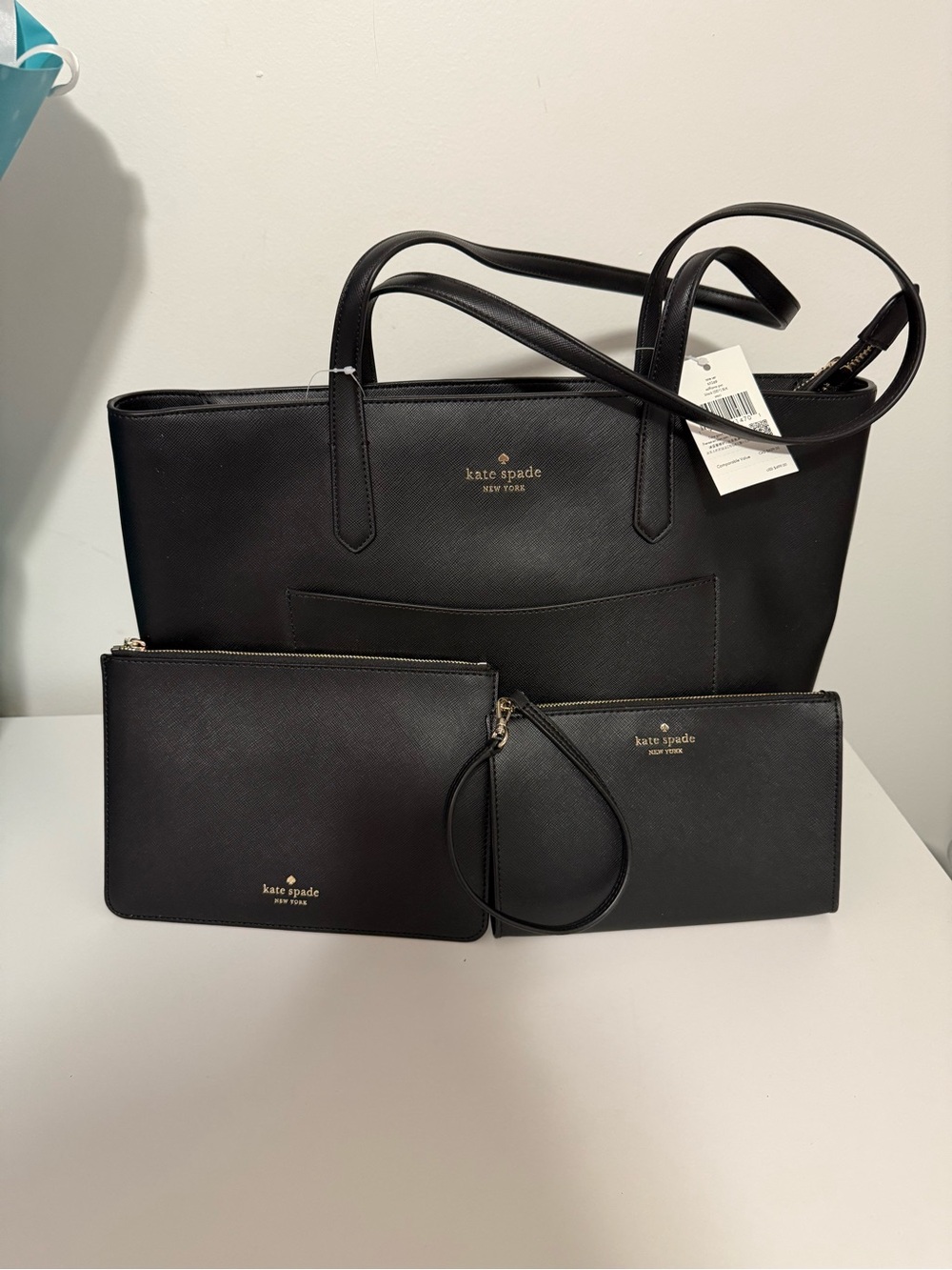 kate spade Black Saffiano Leather Tote with Matching Zip Pouches